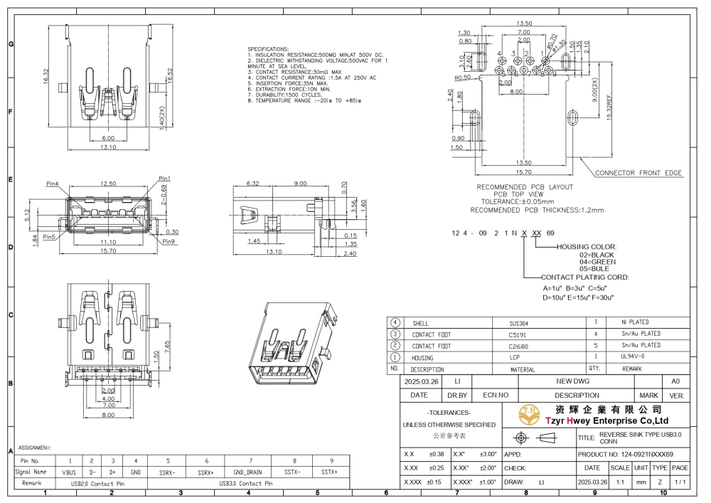 USB3.0 FEMALE REVERSE SINK RIGHT ANGLE DIP