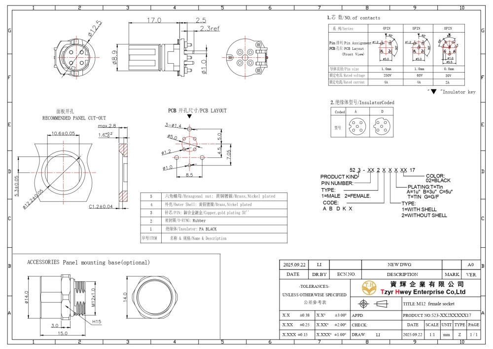 M12  Female Socket Vertical