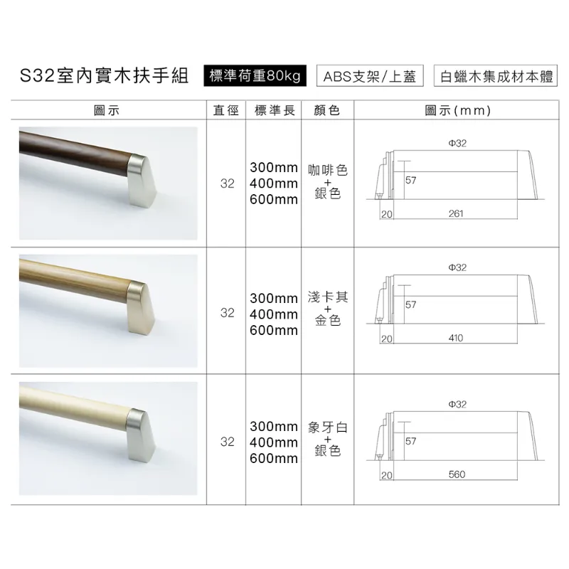 【Yersh】室內實木扶手 S32 (ABS支架)-不含安裝