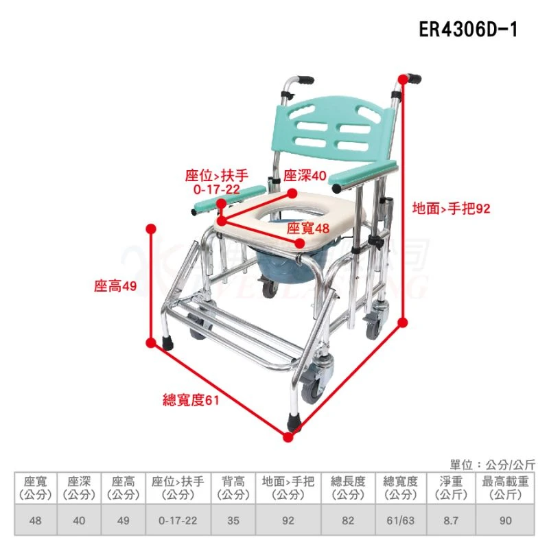 健康之星 便盆椅 | 鋁製有輪固定便椅-移位功能(升降)-小背 | 門市可體驗 符合補助項目 便盆椅 最高補助1200元