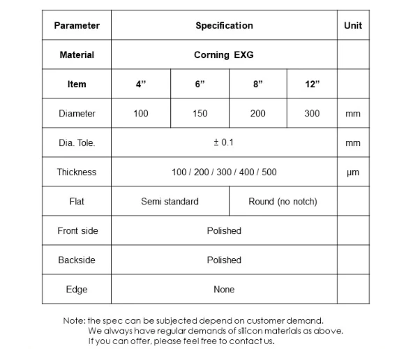 4” 6” 8” 12” Glass Wafer