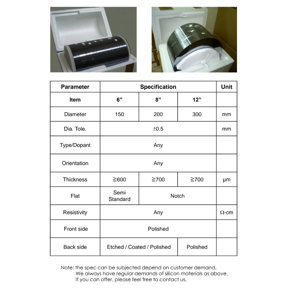 6” 8” 12” Dummy Wafer