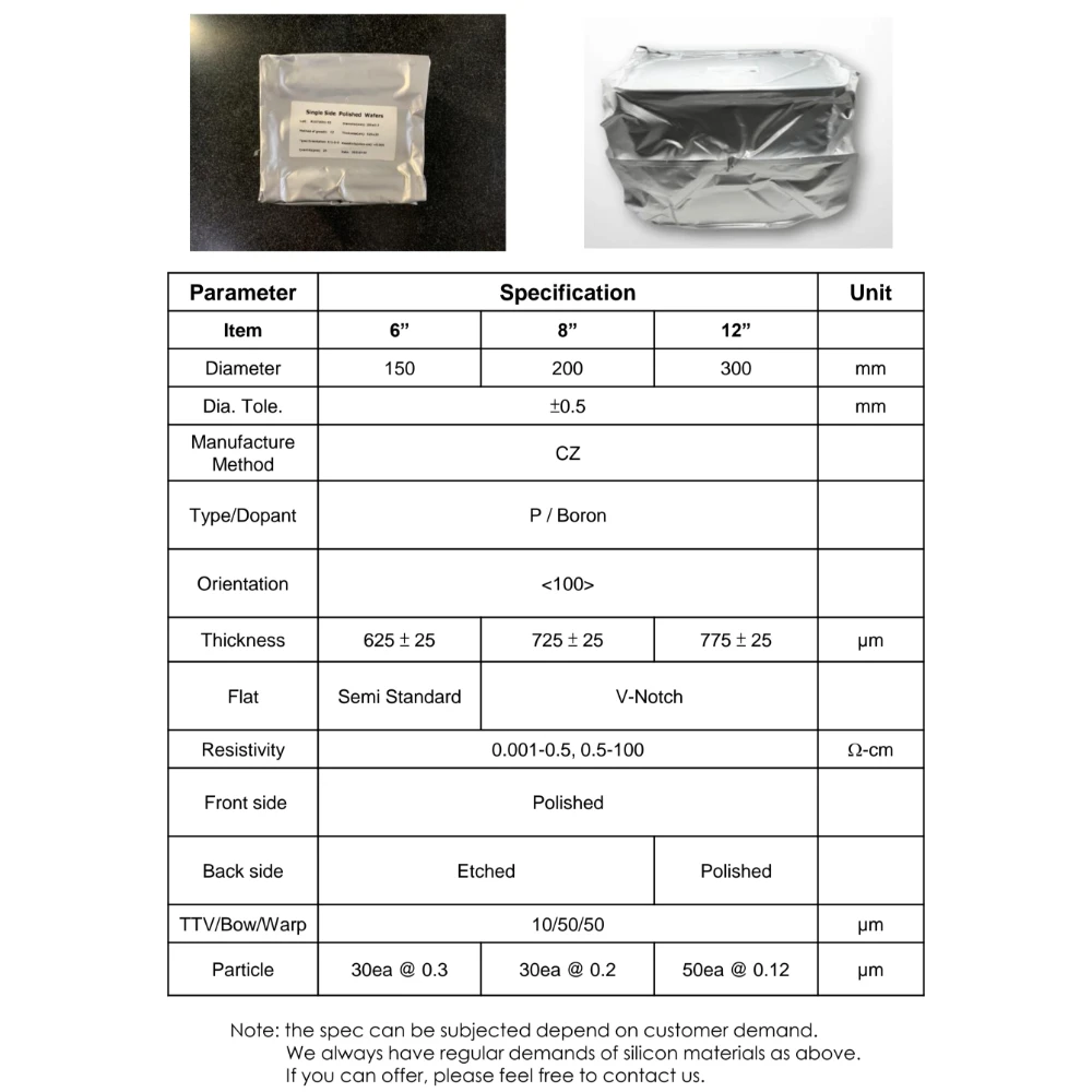 6” 8” 12” Test Wafer