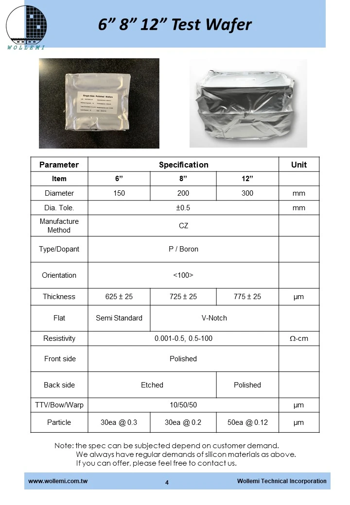 6” 8” 12” Test Wafer