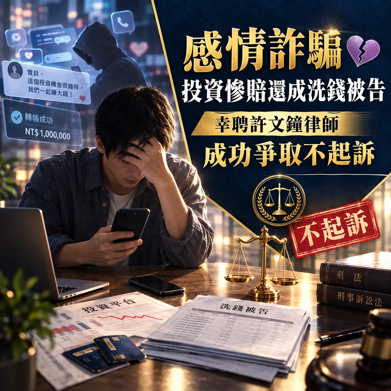 感情詐騙投資慘賠還成洗錢被告｜幸聘許文鐘律師成功爭取不起訴！台中詐欺律師/台中刑事律師
