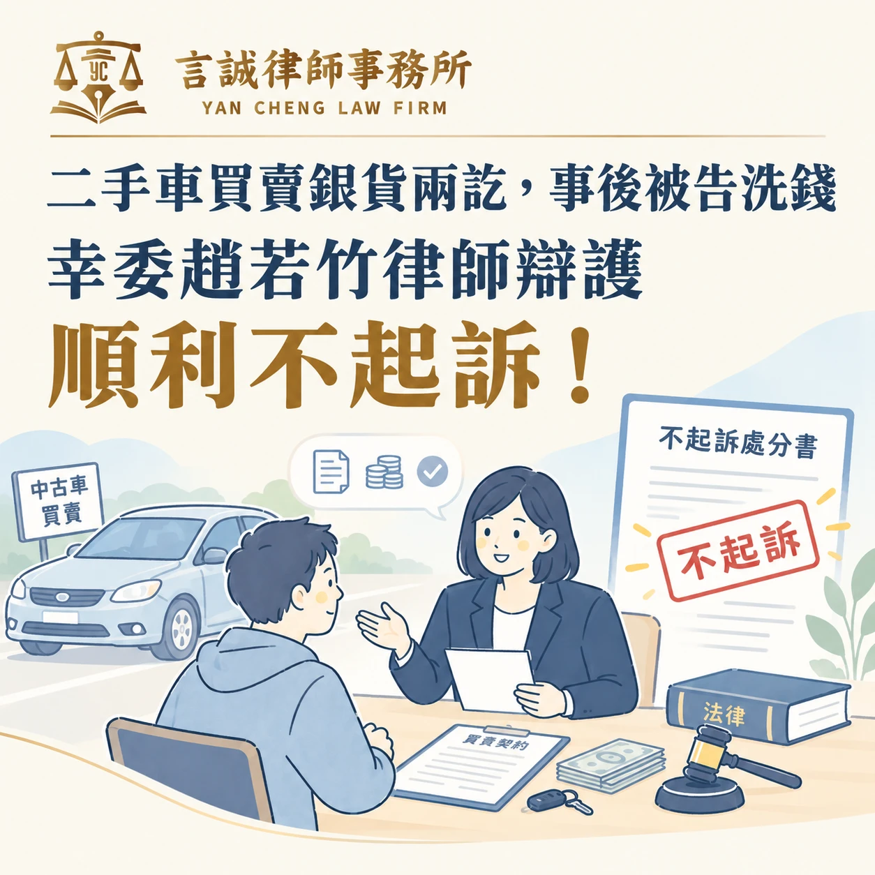 二手車買賣銀貨兩訖，事後被告洗錢｜幸委趙若竹律師辯護順利不起訴！台中洗錢律師/台中刑事訴訟律師