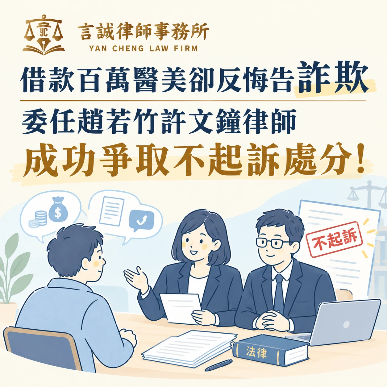 借款百萬醫美卻反悔告詐欺｜委任趙若竹許文鐘律師成功爭取不起訴處分！台中詐欺律師推薦/台中西區律師推薦