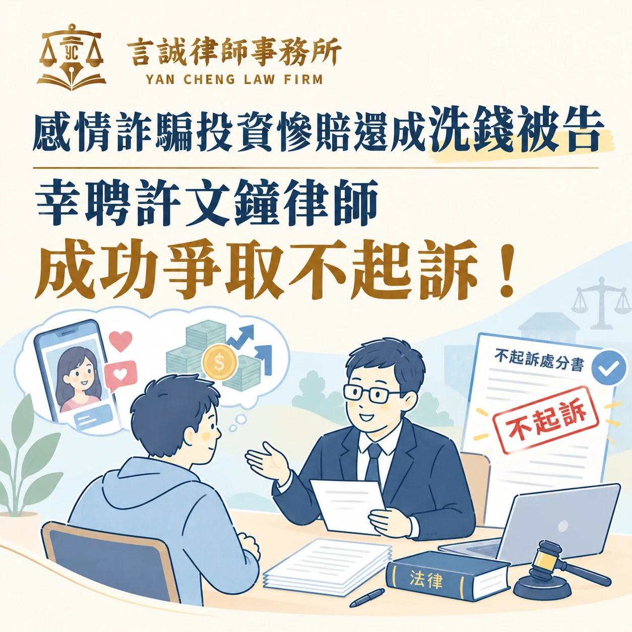 感情詐騙投資慘賠還成洗錢被告｜幸聘許文鐘律師成功爭取不起訴！台中詐欺律師/台中刑事律師