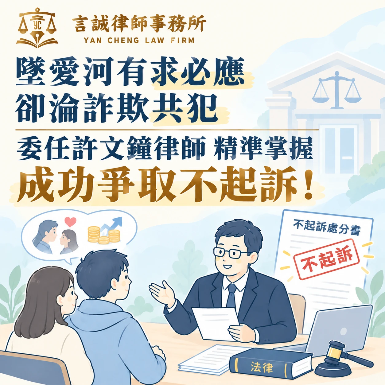 墜愛河有求必應卻淪詐欺共犯｜委任許文鐘律師精準掌握成功爭取不起訴！台中法律顧問/西區法律顧問
