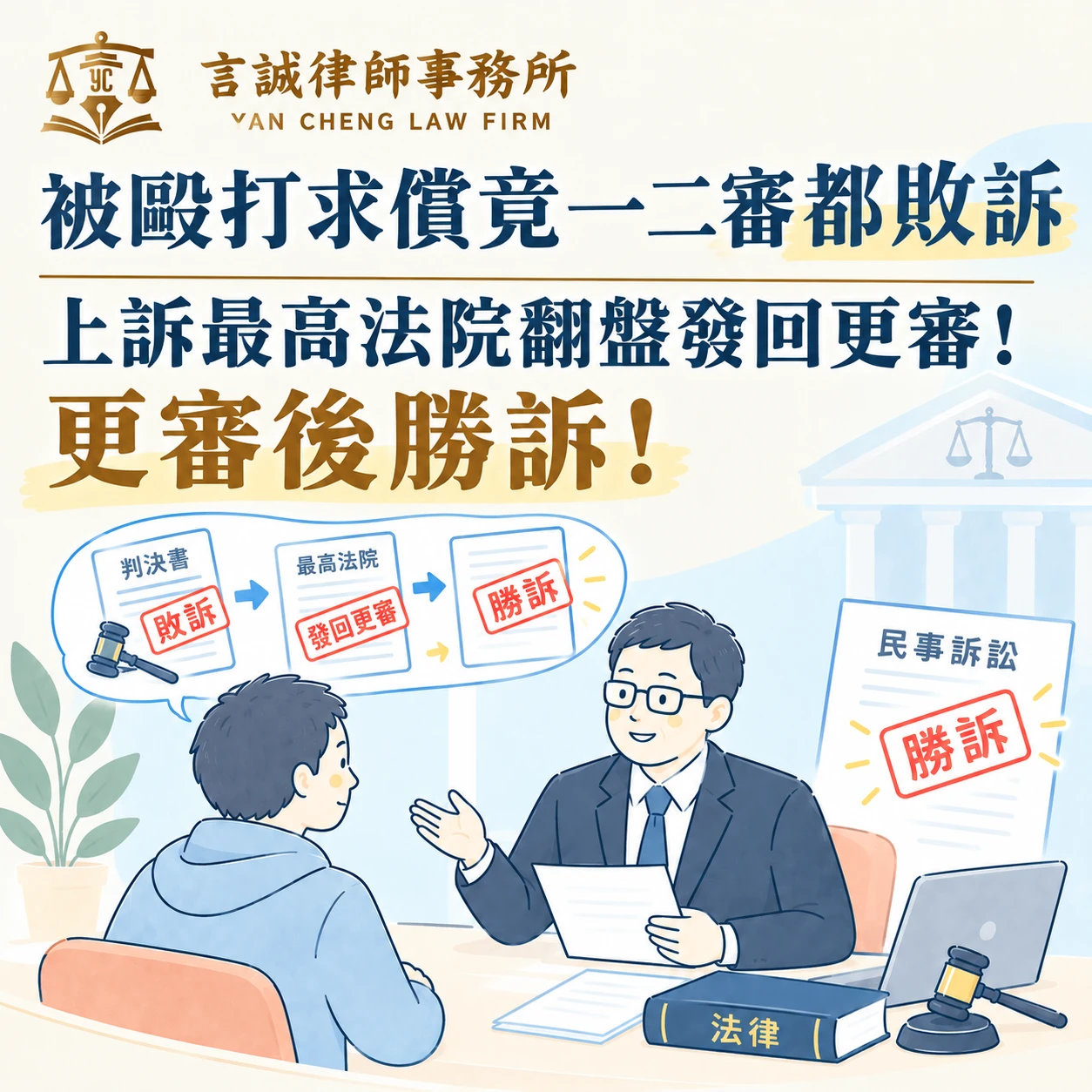 被毆打求償竟一二審都敗訴｜上訴最高法院翻盤發回更審！更審後勝訴！台中民事律師推薦/西區民事律師推薦