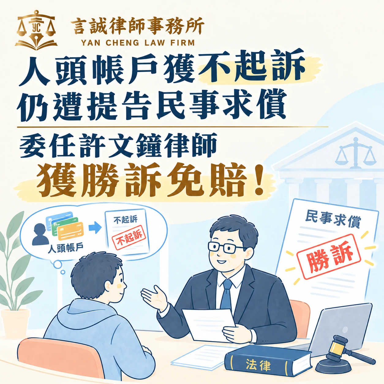 人頭帳戶獲不起訴仍遭提告民事求償｜委任許文鐘律師獲勝訴免賠！台中民事律師/西區民事律師