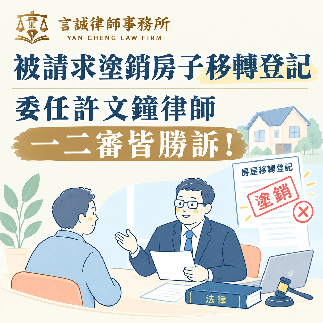 被請求塗銷房子移轉登記｜委任許文鐘律師一二審皆勝訴！台中民事訴訟律師/台中民事訴訟律師推薦