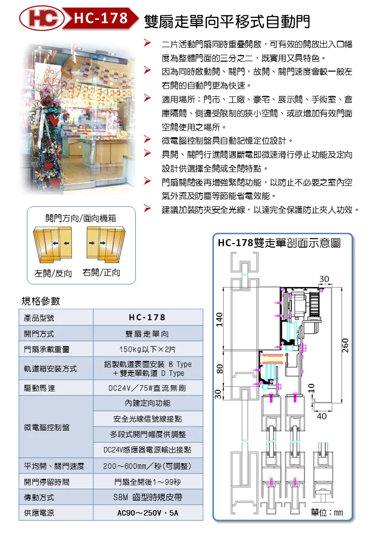 雙扇走單向平移式自動門