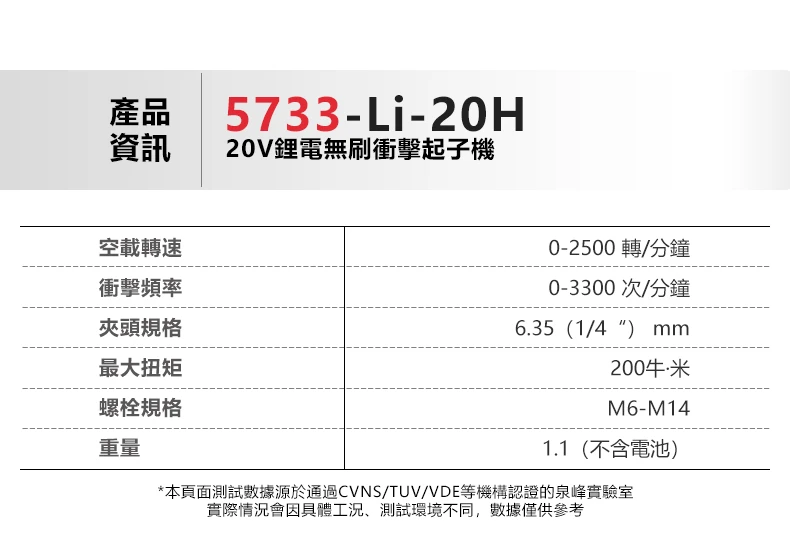 5733-Li-20H 20V 鋰電無刷 衝擊起子機