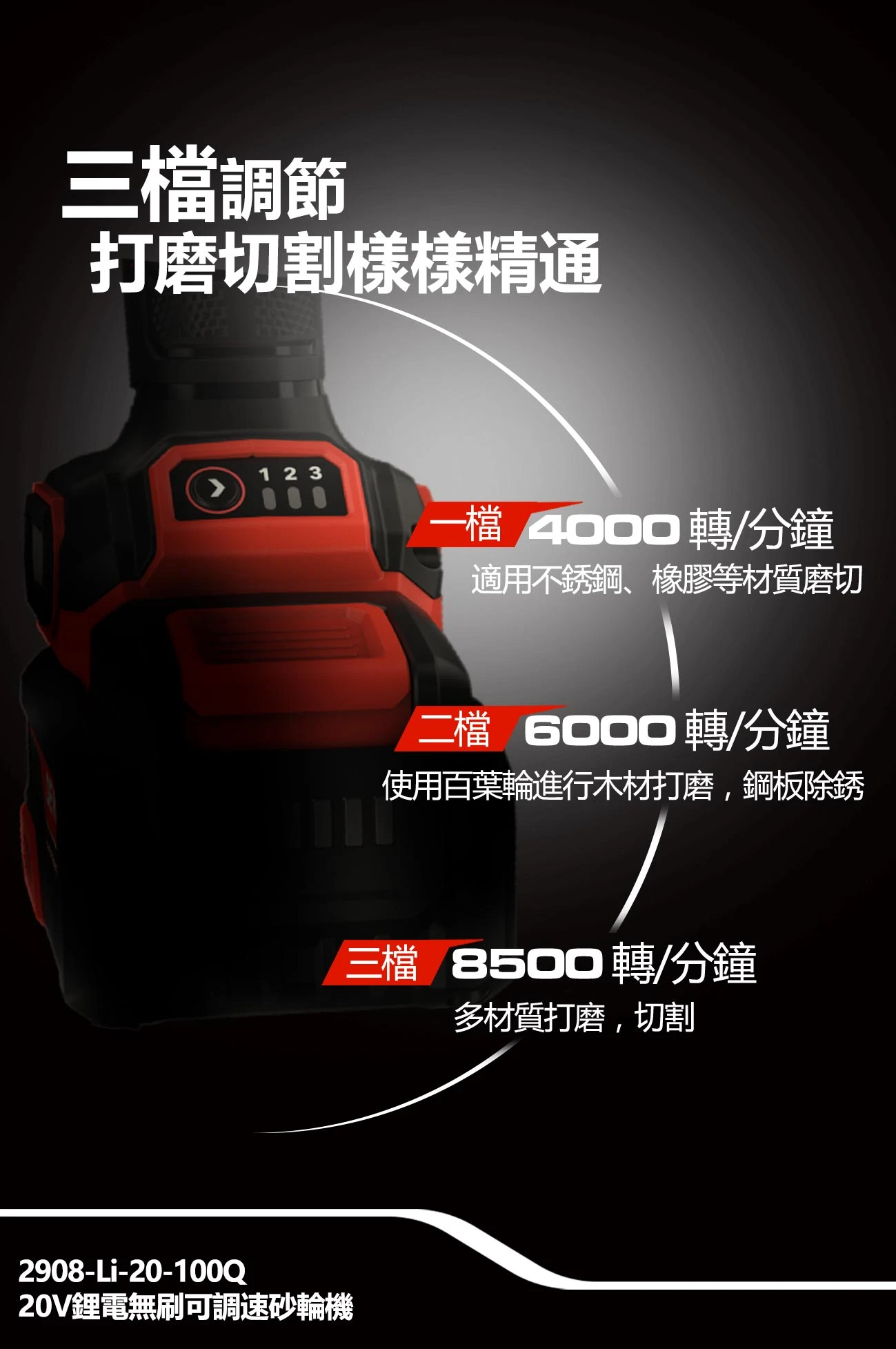 2908-Li-20-100Q 20V鋰電無刷可調速砂輪機