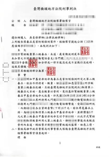 毒品案件-成功獲得幫助犯，且爭取部分無罪