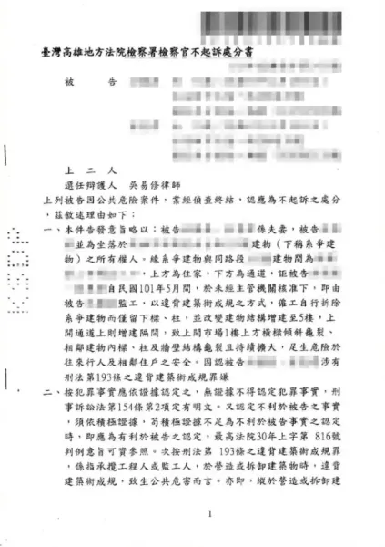 違背建築術成規罪-不起訴