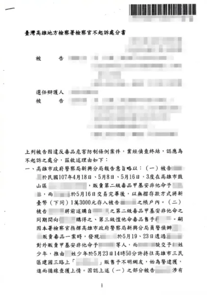 販賣第二級毒品罪 - 不起訴