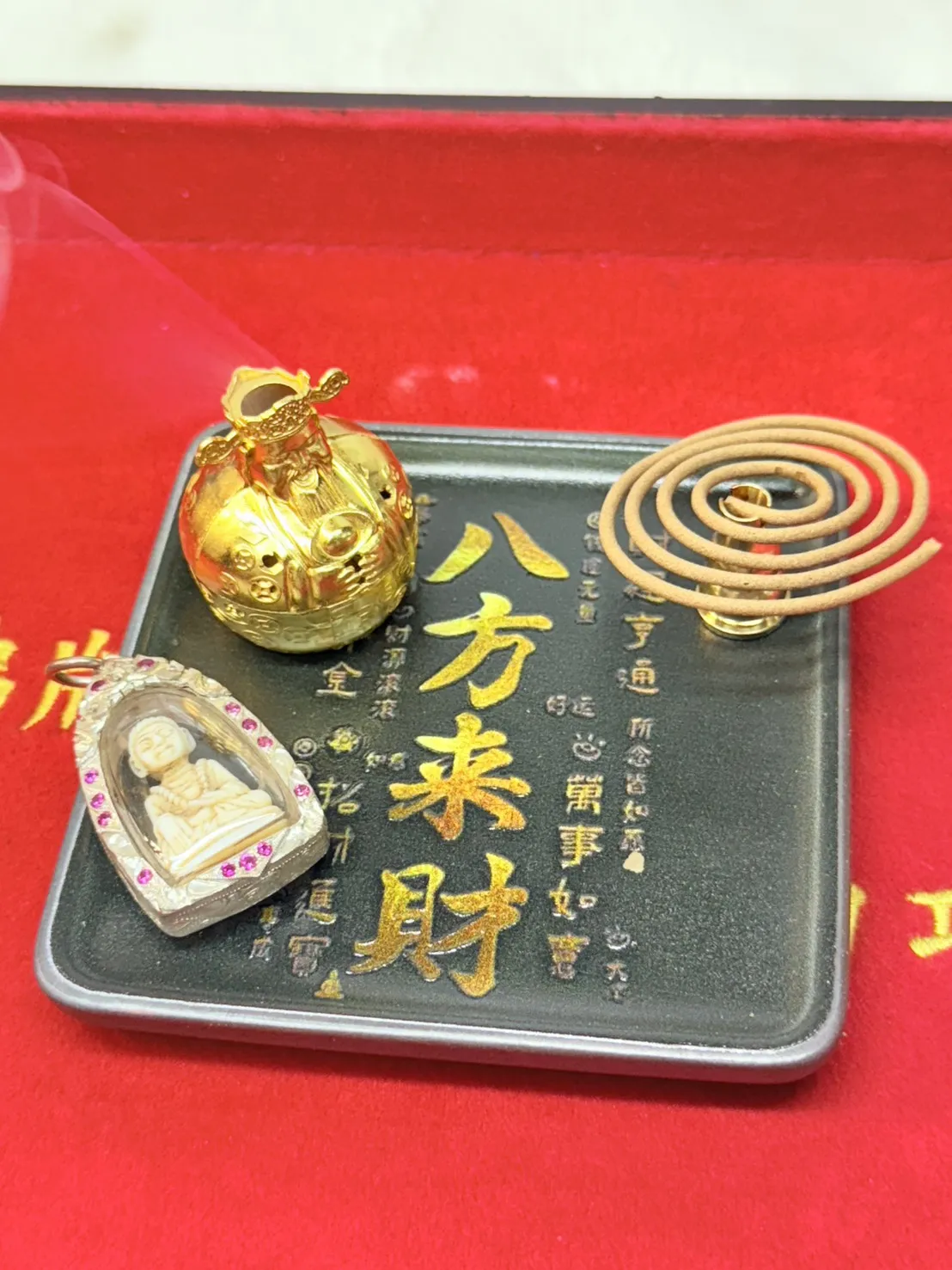 香供聖品3D陶瓷彩繪香盤含財神爺小香爐、銅製小葫蘆香座