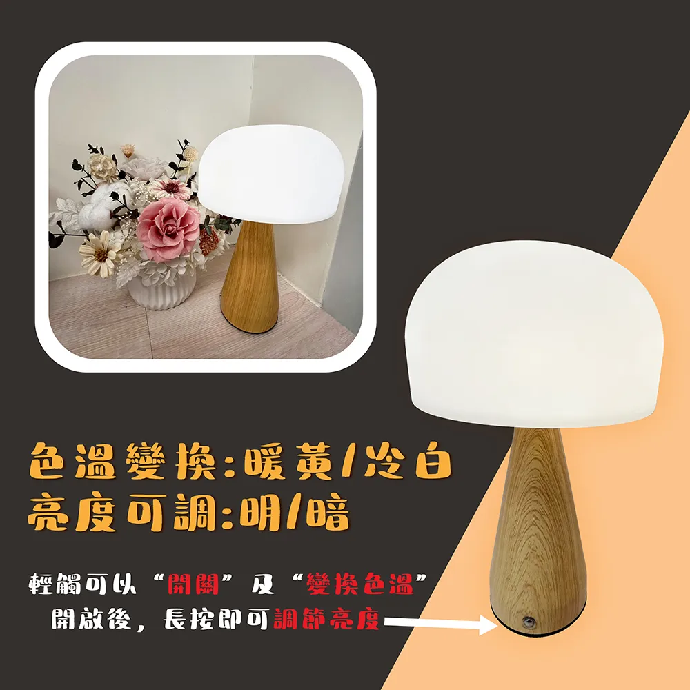 《台中實體門市》LED香菇夜燈 LED 調光調色 充電式 小夜燈 小燈 檯燈 夜間照明