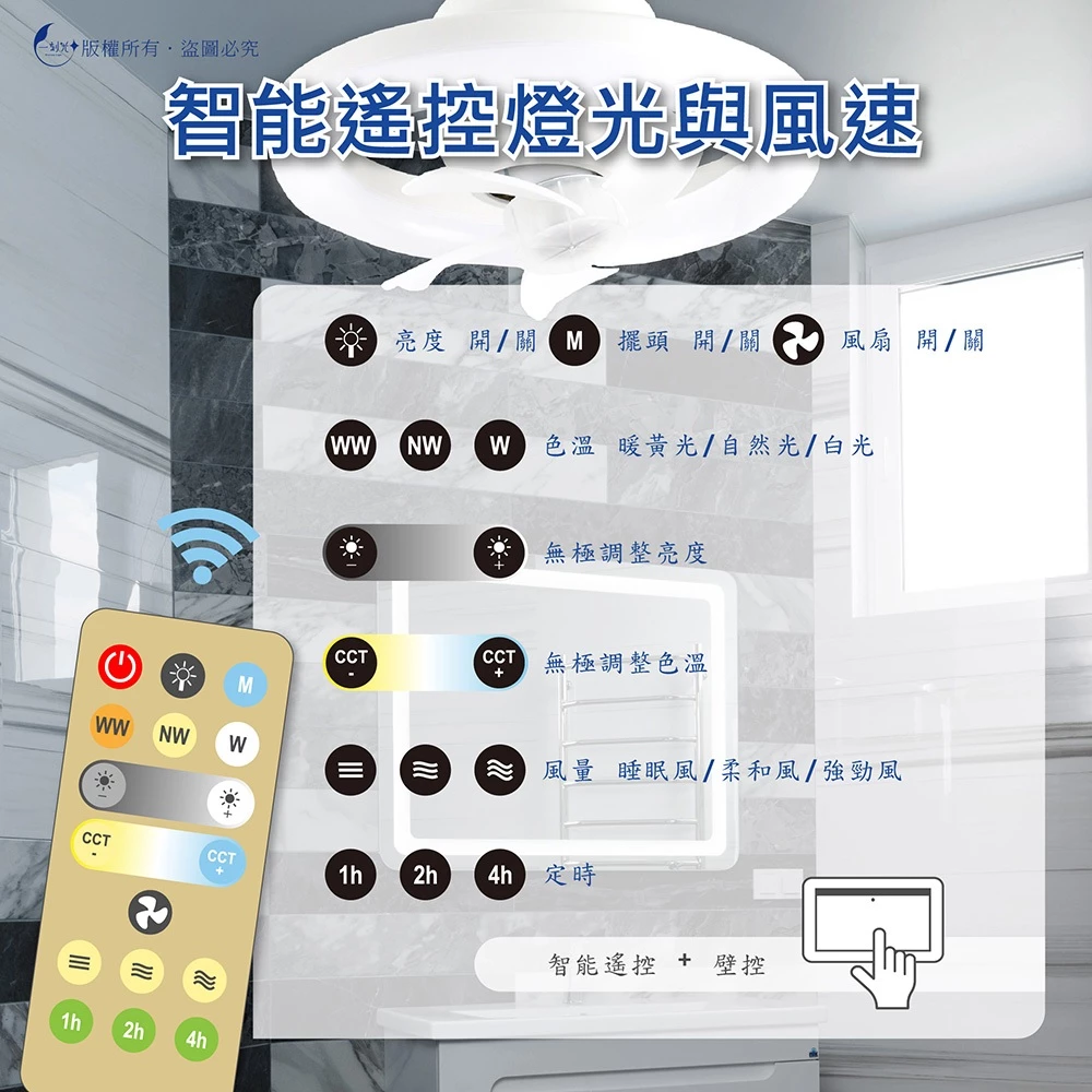 360°擺頭風扇燈 48W遙控LED風扇電燈 保固6個月 E27 擺頭電風扇 風扇吊燈 吊扇燈 風扇吊燈 浴廁燈 一刻光