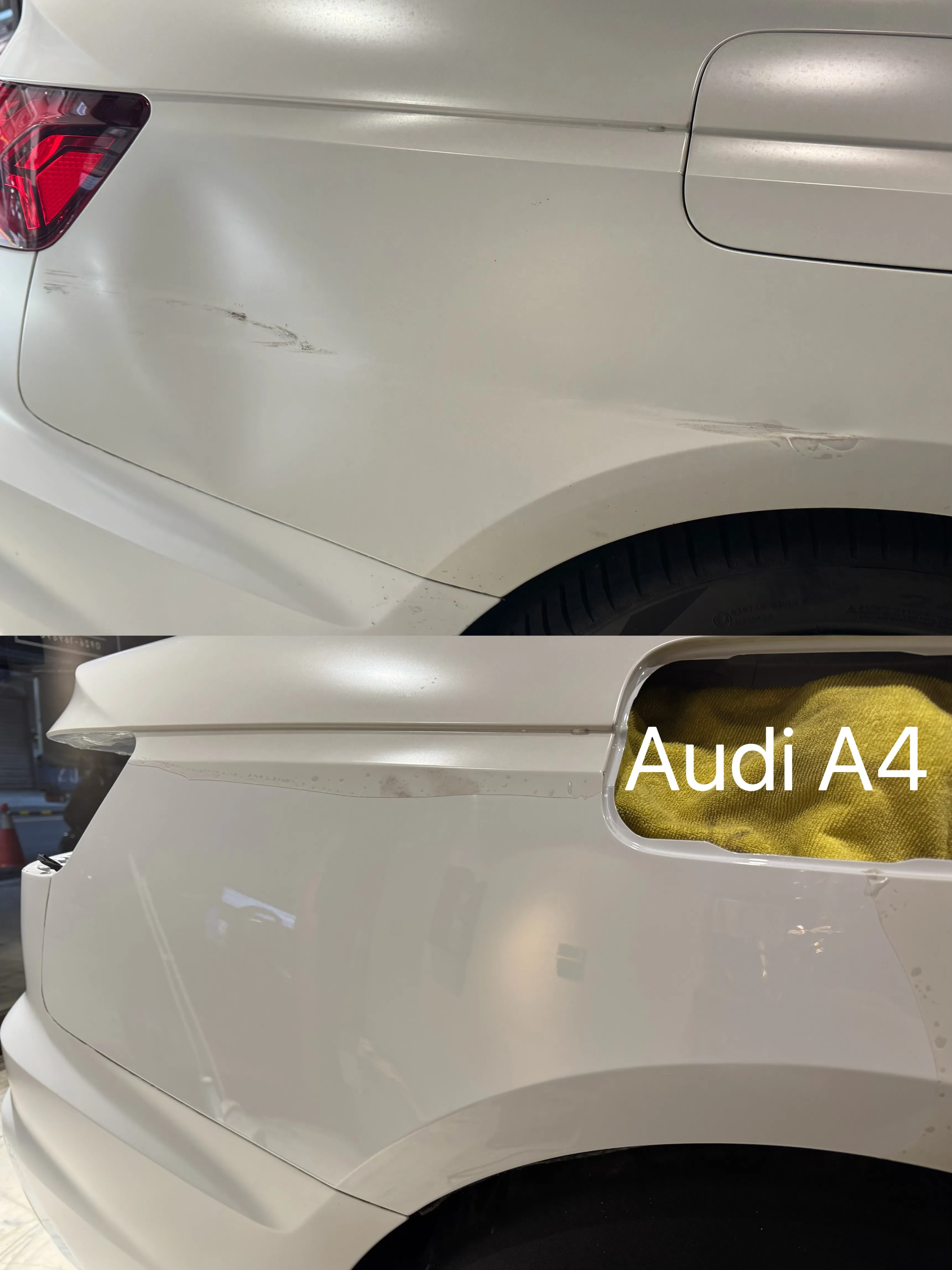 Audi A4 後葉子板大面積凹痕｜汽車凹痕修復｜台北汽車凹痕修復
