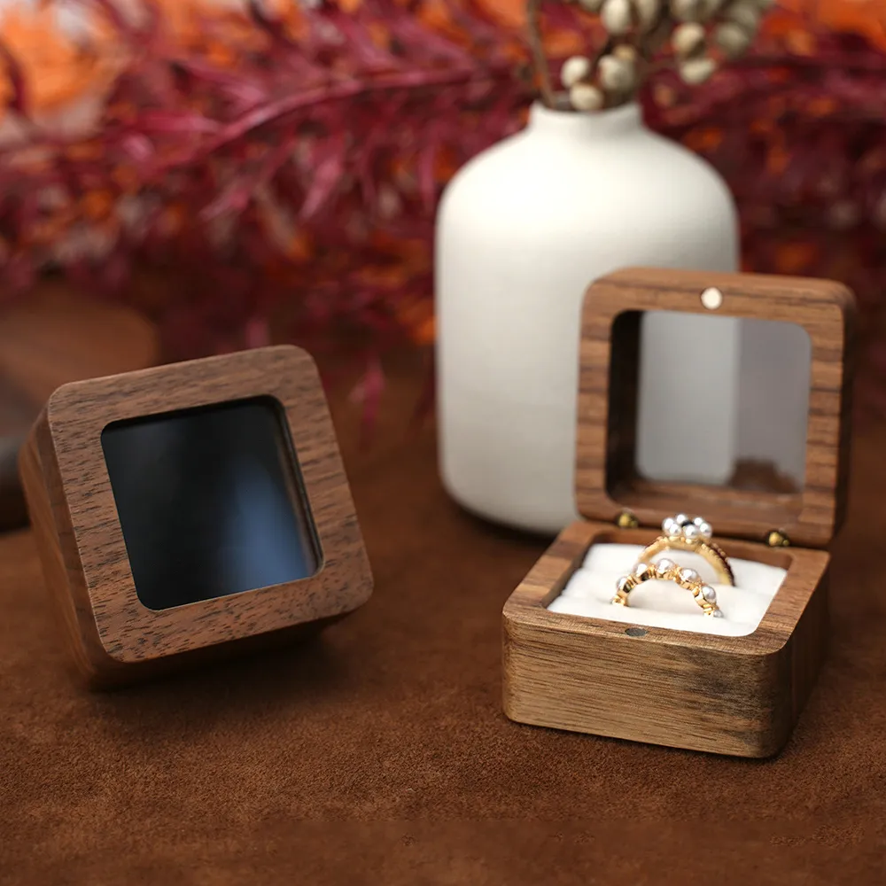 開窗方型北美胡桃單戒盒