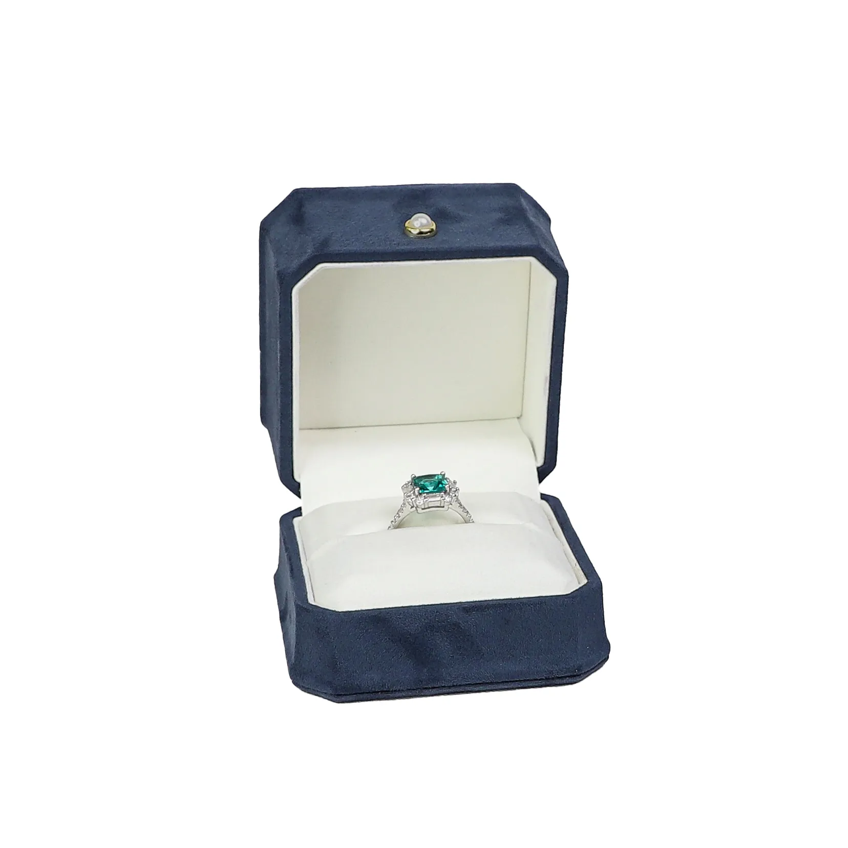 湖藍八角麂皮布戒指盒(大)