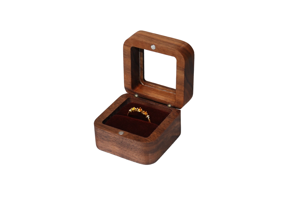 開窗方型北美胡桃單戒盒