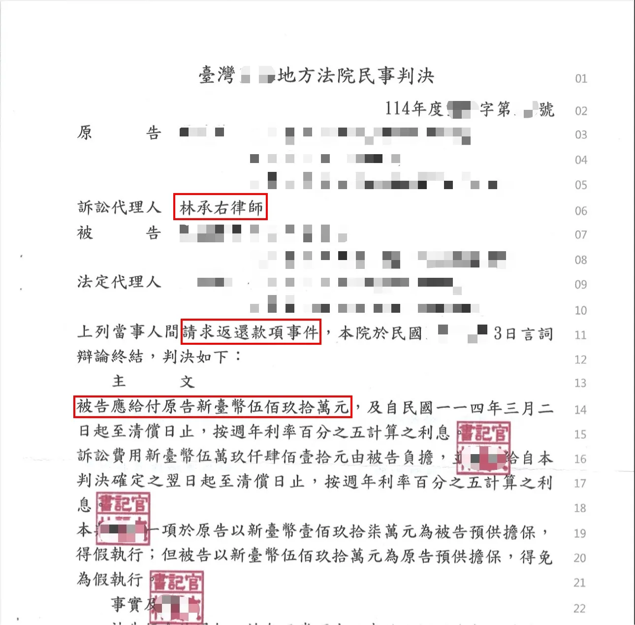 民事案件-請求返還款項事件-勝訴