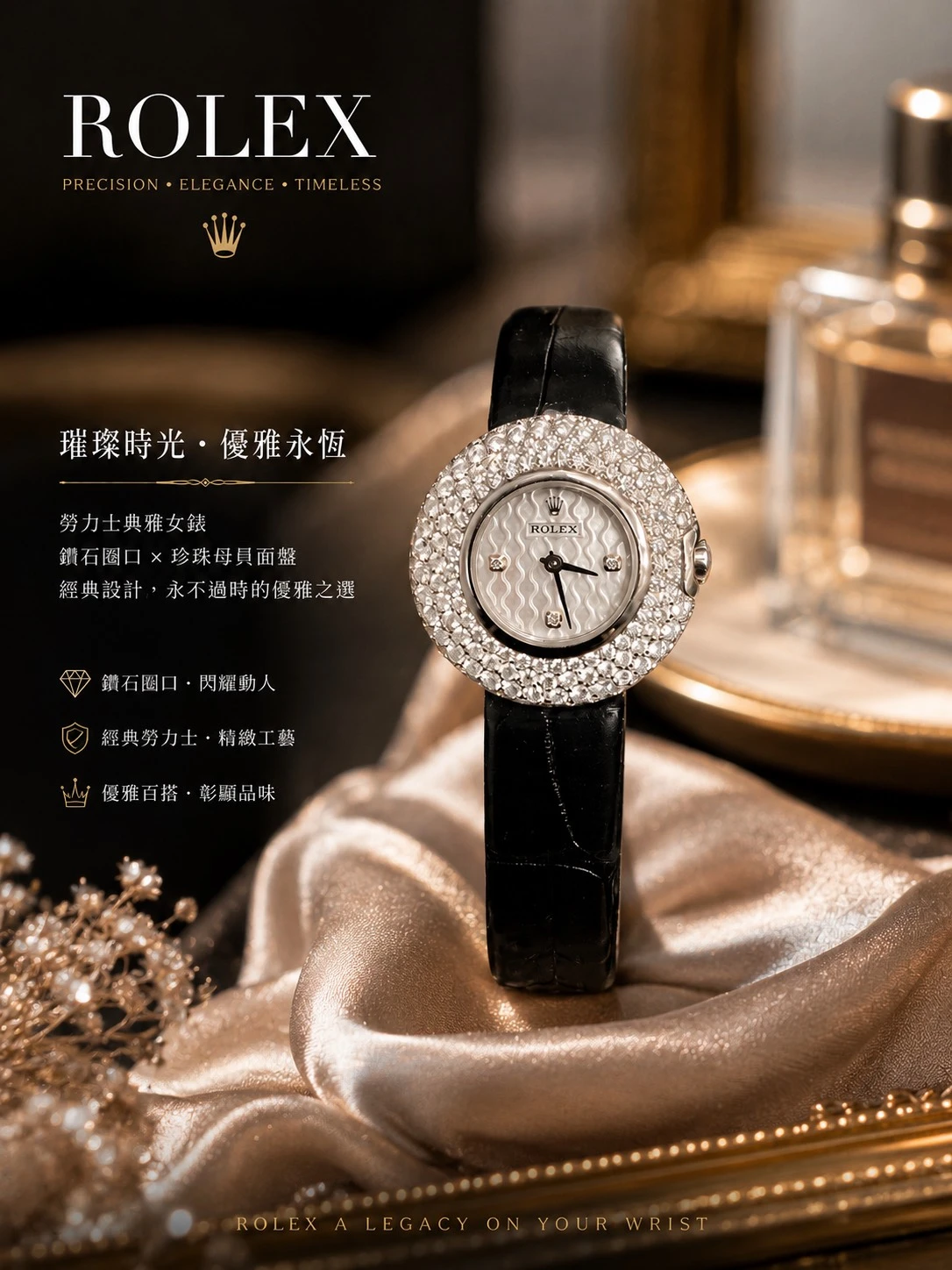 勞力士 ROLEX 滿天星 6201 白金珍珠母貝密鑲鑽石石英腕錶
