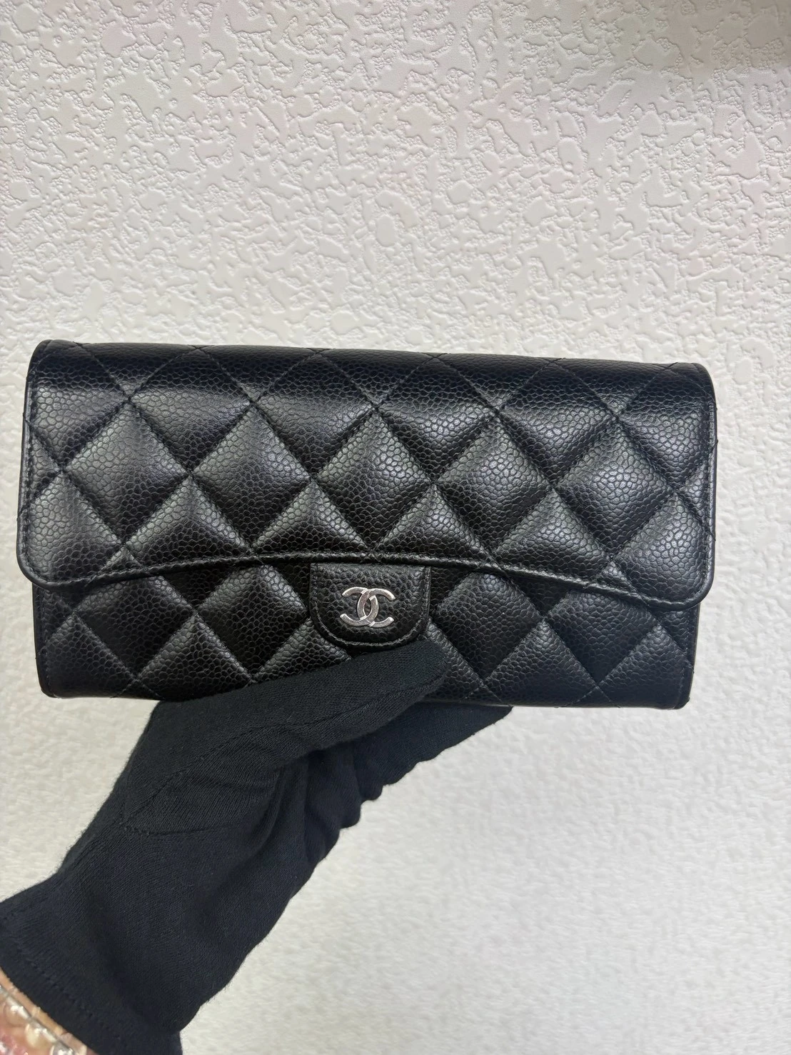 CHANEL 經典菱格紋荔枝皮銀釦長夾