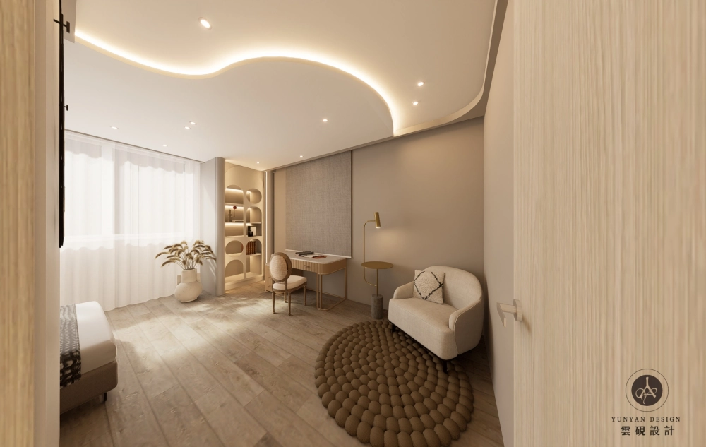 【溫柔奶茶色調臥室｜在弧形光影裡，收藏每一刻療癒時光】