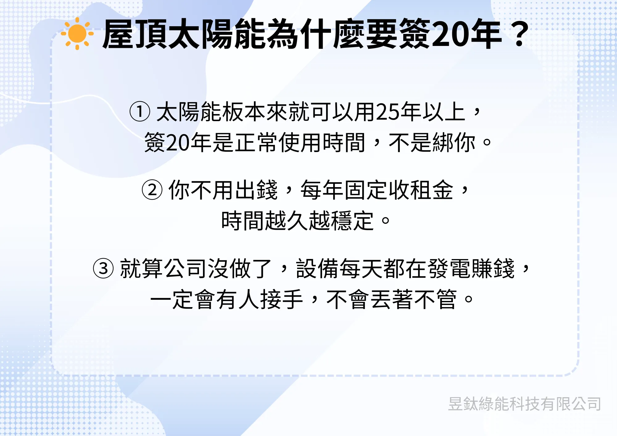 ☀️ 屋頂太陽能為什麼要簽20年？