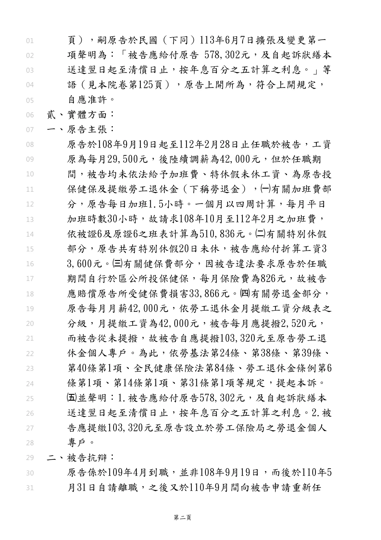 員工向雇主請求不合理的加班費578,302元，幫雇主將對方請求金額減少到24667元