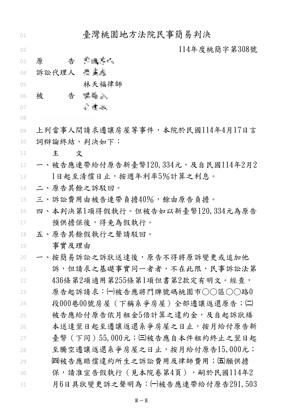幫房東向無故佔有房屋的人請求違約金、不當得利、律師費