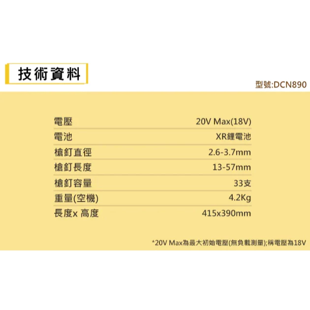 DEWALT得偉 含稅 原廠公司貨 20V Max無碳刷混凝土擊釘槍 鋼構槍 釘槍 890 DCN890