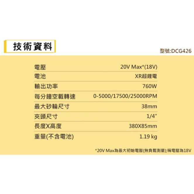 DEWALT得偉 原廠公司貨 20V Max無碳刷刻磨機 DCG426B