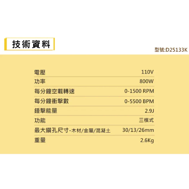 DEWALT得偉 800W 26mm四溝三用電鎚鑽 D25133 D25133K