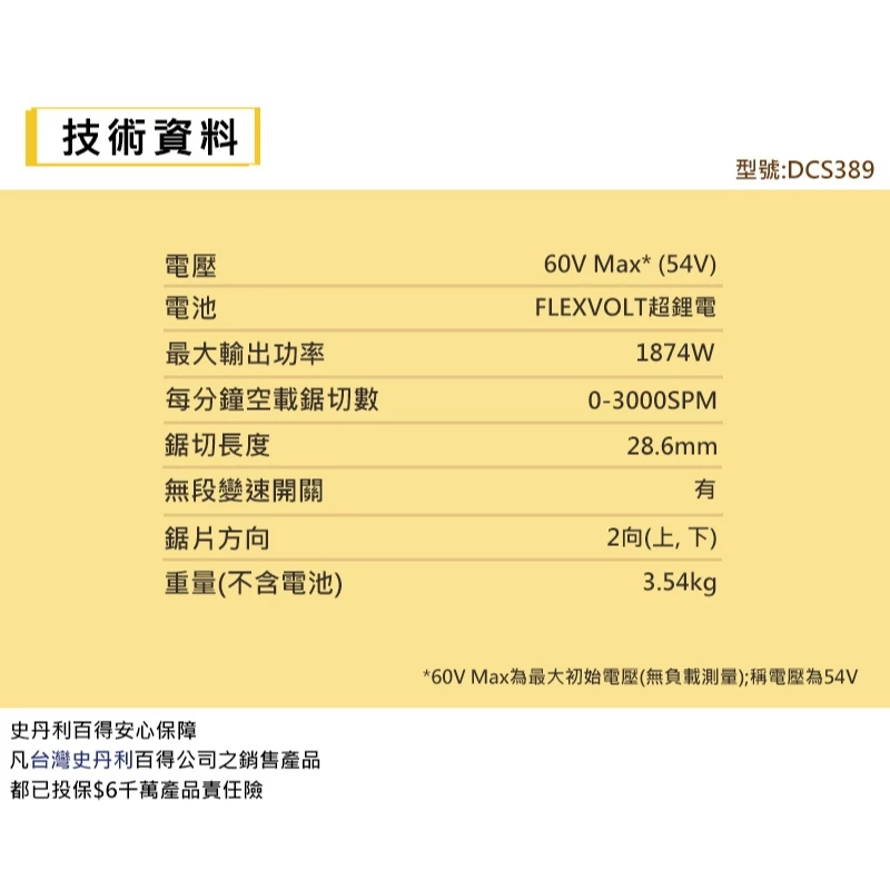 DEWALT得偉 原廠公司貨(含稅) DCS389X2 / 60V Max* (54V)鋰電無碳刷強力破壞軍刀鉅 空機