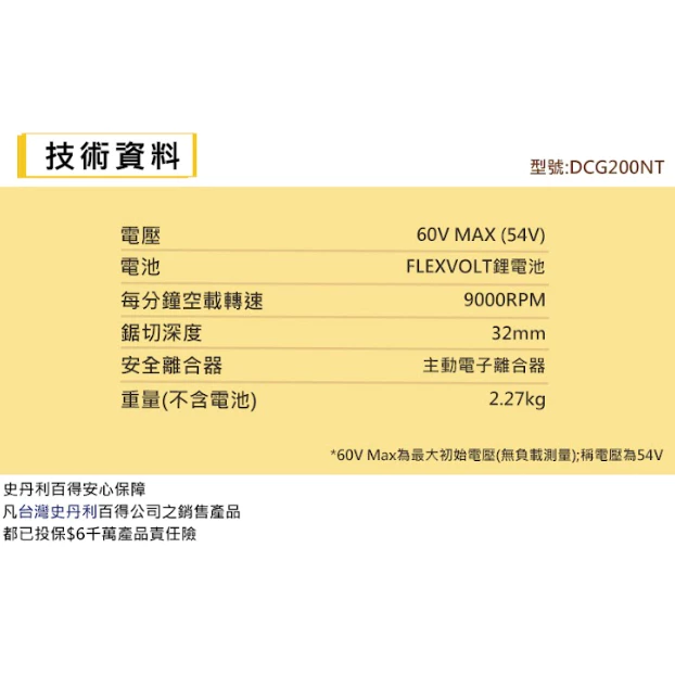DEWALT得偉 原廠公司貨(含稅) DCG200X2 / 60V Max*(54V) 鋰電無碳刷石材溝切機 空機