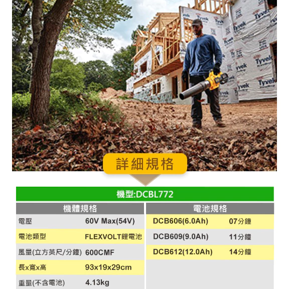 DEWALT得偉 原廠公司貨(含稅) /60V Max*(54V)無碳刷渦流式吹風機 DCBL772X1 鼓風機 吹葉機