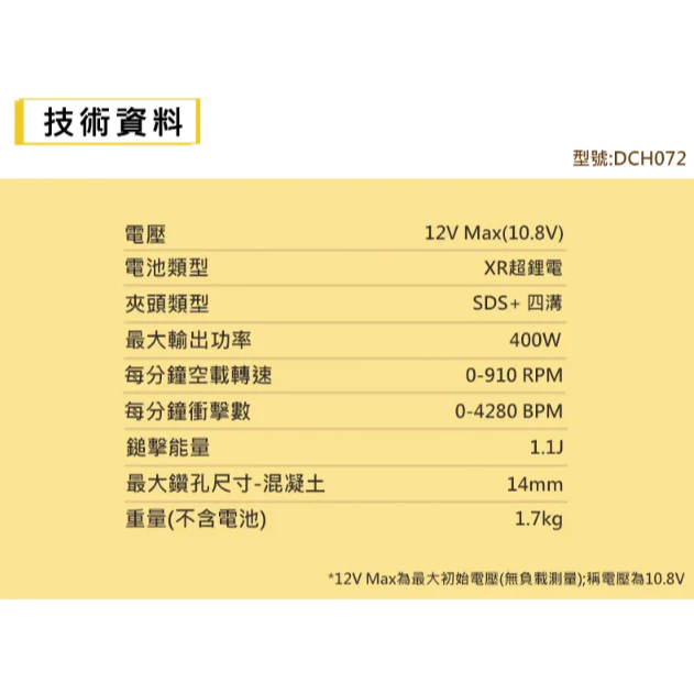 DEWALT得偉 原廠公司貨 12V Max*10.8V鋰電無碳刷四溝二用鎚鑽 DCH072