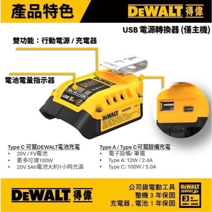 DEWALT 得偉 原廠公司貨 含稅 行動電源轉換器 充電器 逆變器 USB / TYPE C / DCB094 094