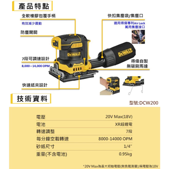 DEWALT得偉 原廠公司貨 20V Max 無碳刷1/4砂磨機 研磨 木工 打磨 DCW200B