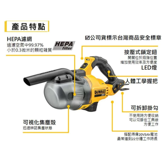 DEWALT得偉 原廠公司貨(含稅) 20VMax手提式吸塵器 DCV501LN