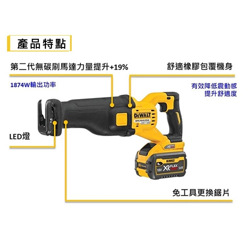 DEWALT得偉 原廠公司貨(含稅) DCS389X2 / 60V Max* (54V)鋰電無碳刷強力破壞軍刀鉅 空機