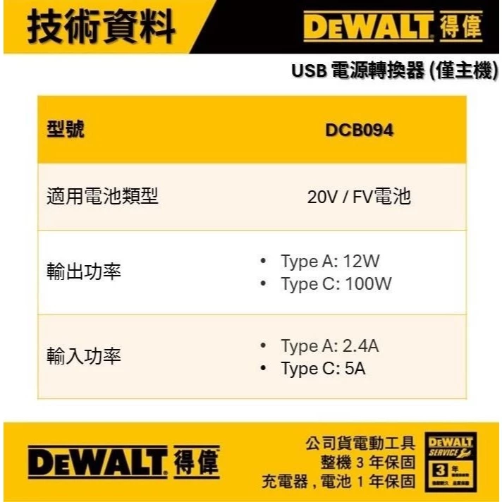 DEWALT 得偉 原廠公司貨 含稅 行動電源轉換器 充電器 逆變器 USB / TYPE C / DCB094 094