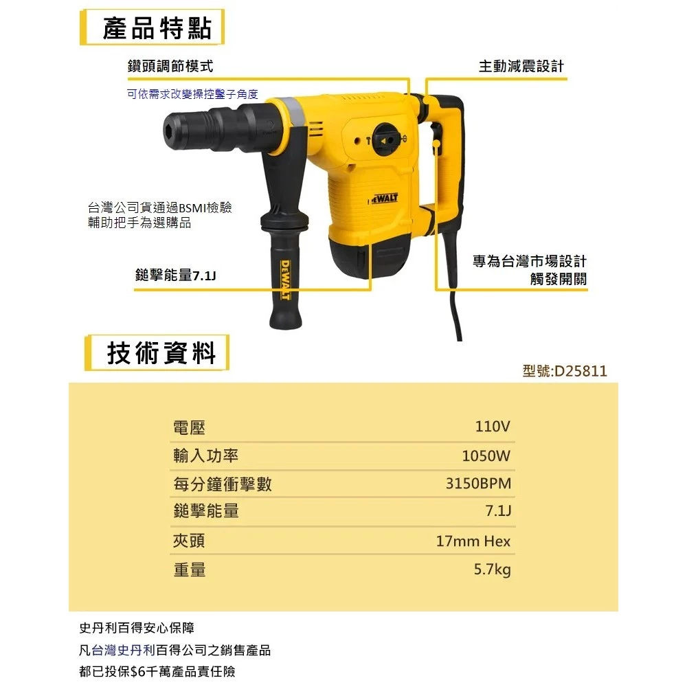 DEWALT 得偉 含稅 原廠公司貨 1050W 5KG 電動鑿破機 丫頭 破壞鑿 鑿破 D25811