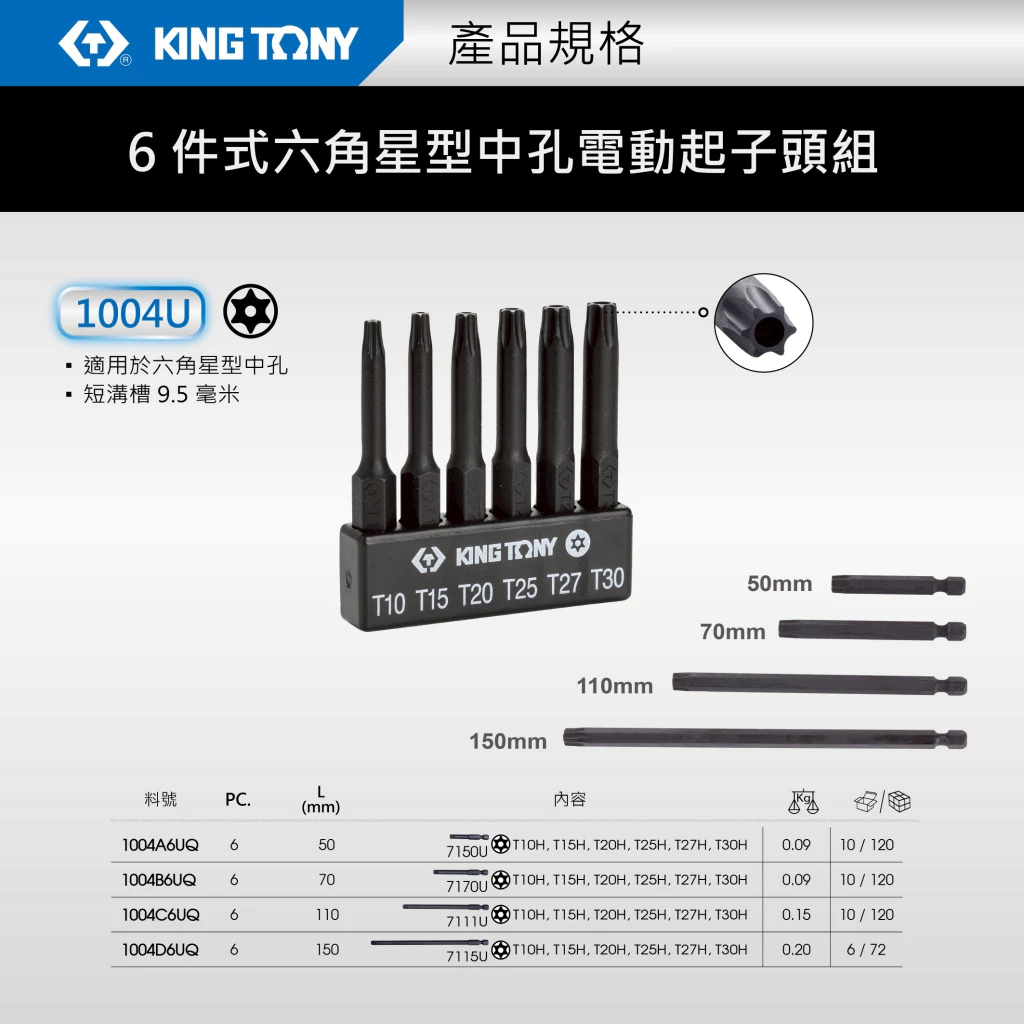 KING TONY 金統立 (含稅) 6件式 泡殼吊卡式 六角柄起子頭 電動起子頭 1004U 星型中空起子頭